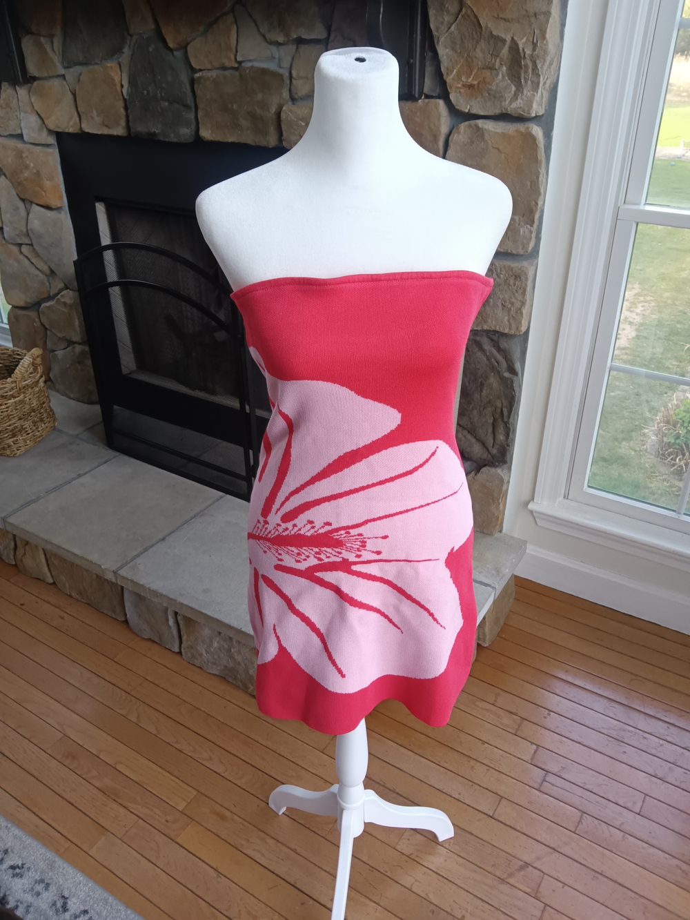 Peppermayo Strapless Floral Knit Mini Dress in Red and Pale Pink